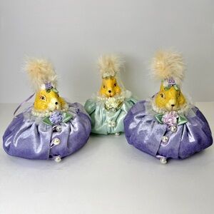 Vintage Easter Bunny Sachet Dolls Feather Hat Satin Puff Tree Ornaments Set 3
